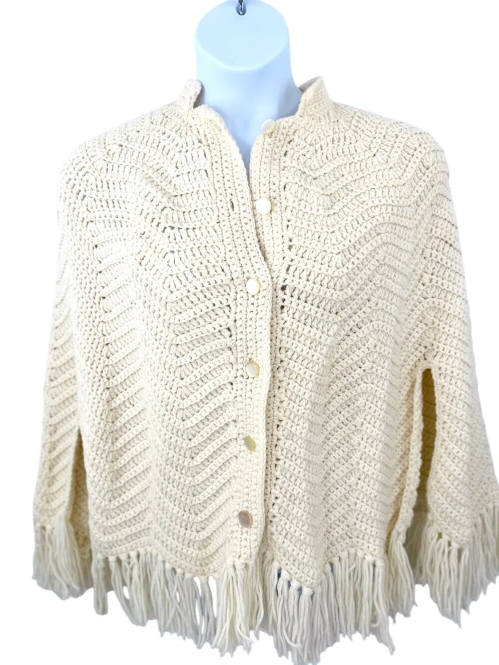 Handmade Vtg 70's Cream Boho Chevron Crochet Button Down Poncho With Fringe Hem